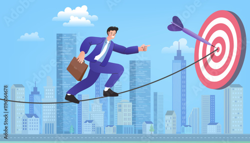 Businessman walking on a tightrope Walk towards the goal, symbolizing success, goal achievement, and business growth. Target business concept. Vector, Flat design  and illustration.