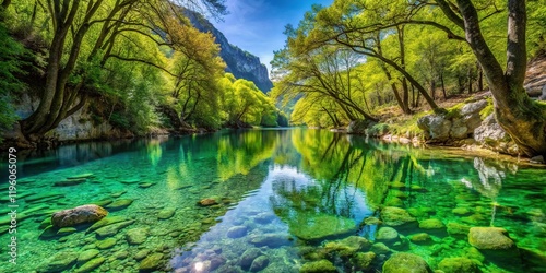 Crystal Clear Voidomatis River in Vikos Gorge, Greece Spring Greens