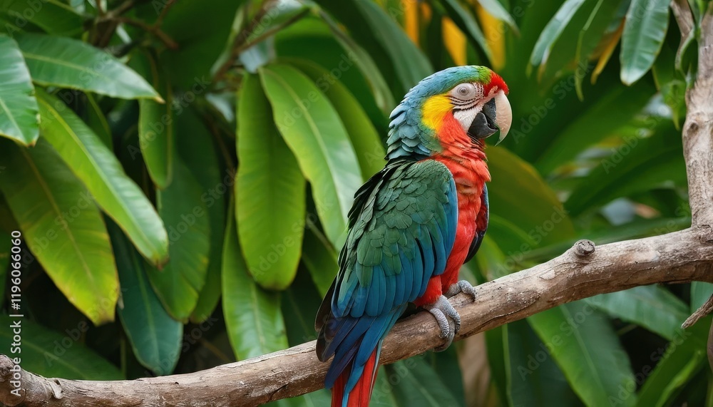 Obraz premium Colorful Macaw Perched on a Branch in Lush Foliage