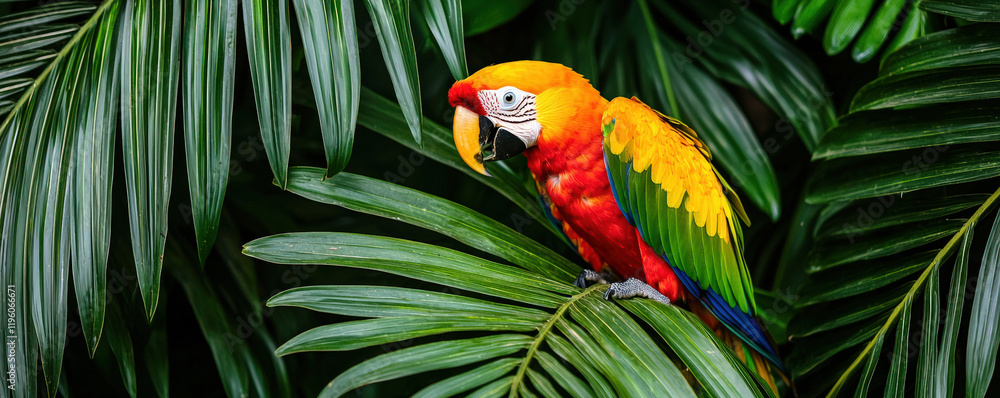 Fototapeta premium A vibrant parrot perched among lush green palm leaves, showcasing its striking red, yellow, and blue plumage in a tropical setting.