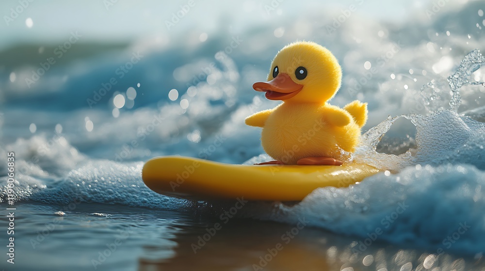 A stuffed duck riding on a bright yellow surfboard near the shore detailed beach waves A stuffed duck riding on a bright yellow surfboard near the shore detailed beach waves