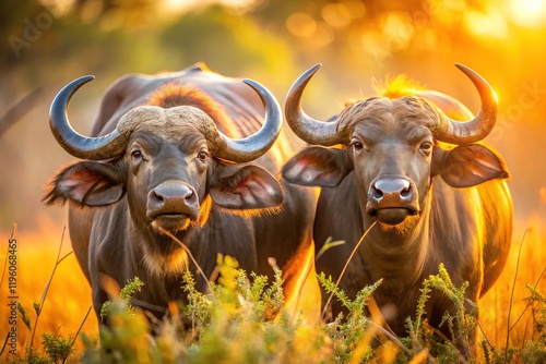 South African Cape Buffalo Bulls Chewing Cud - Majestic Wildlife Photography photo