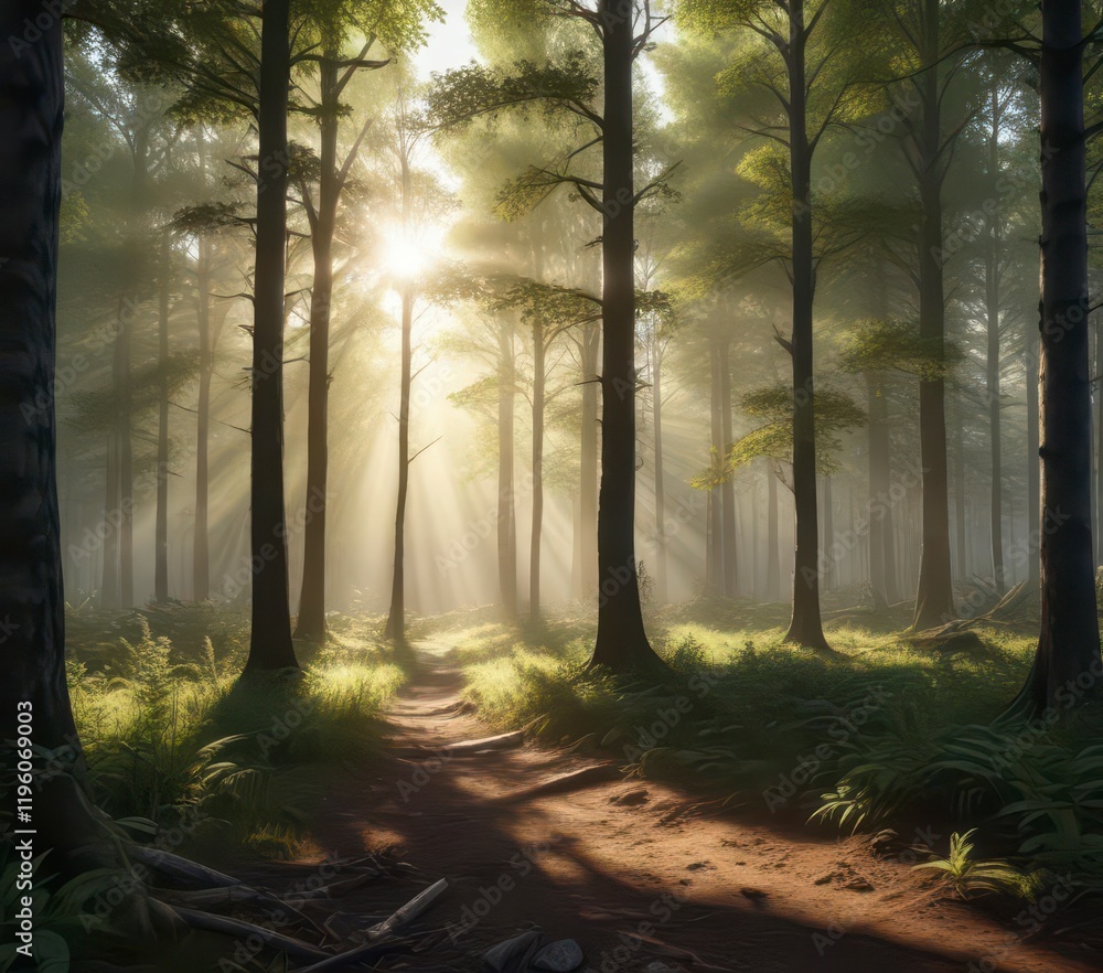 Panorama of a forest clearing with sunlight breaking through trees , landscape, forest, woods Panorama of a forest clearing with sunlight breaking through trees , landscape, forest, woods