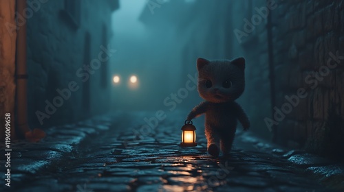 Fototapeta Naklejka Na Ścianę i Meble -  A stuffed kitten with small lantern walking through a foggy cobblestone street