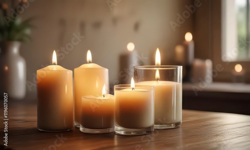 Soft focus on candles and lotions in a serene setting ,  serenity,  candles,  relaxation