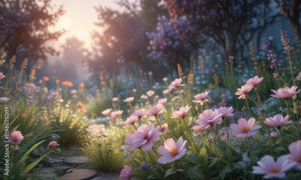 Obraz premium Softly glowing watercolor flowers in a dreamy, ethereal garden at dusk , soft glow, dreamy, natural light