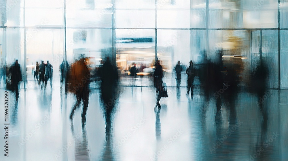 Blurred Office Scene with People Working Behind Glass Windows Blurred Office Scene with People Working Behind Glass Windows