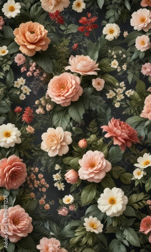 Vintage-inspired floral wallpaper featuring artificial flowers and foliage, vintage floral, floral wallpaper, faux flowers