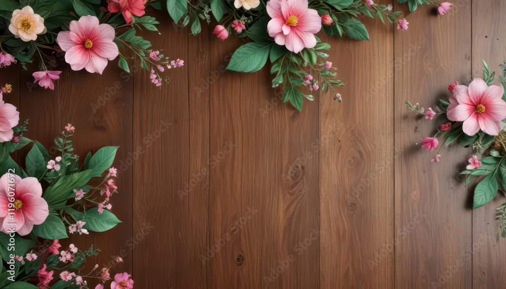 Fototapeta premium Whimsical floral patterns on a wooden surface, wood, illustrations, floral patterns