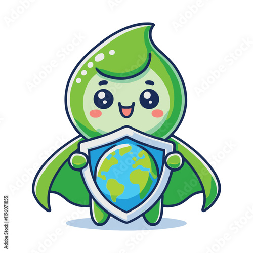 Cheerful green droplet superhero character holding a shield that protects the Earth