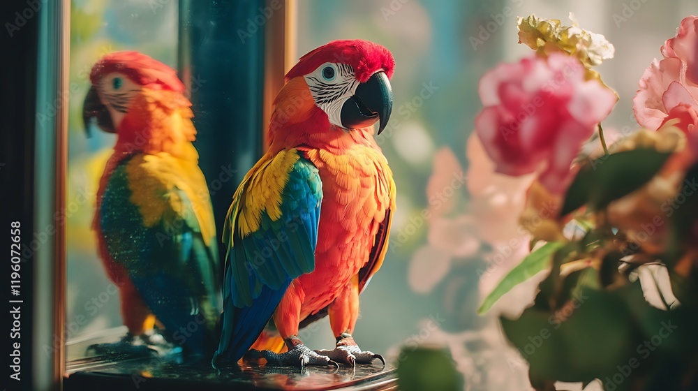 A stuffed parrot toy beside a mirror reflecting its colors A stuffed parrot toy beside a mirror reflecting its colors