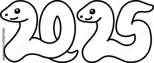 西暦2025年の巳年の蛇の白黒イラスト
