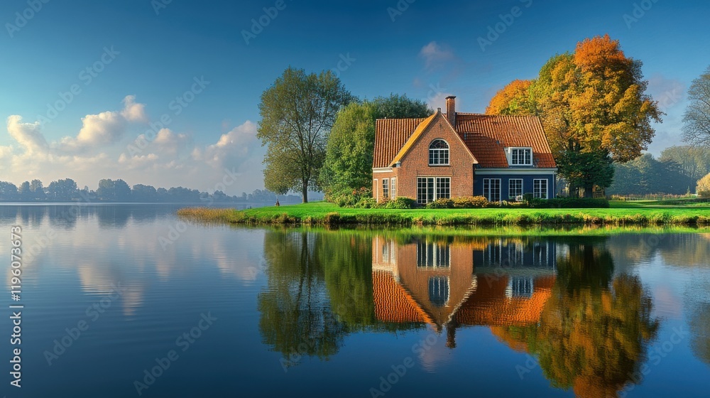 Brick house reflecting in a lake on a clear autumn day Brick house reflecting in a lake on a clear autumn day
