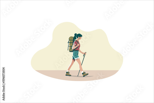 Illustration young woman is engaged in hiking. A woman with walking sticks and a backpack. Vector illustration.