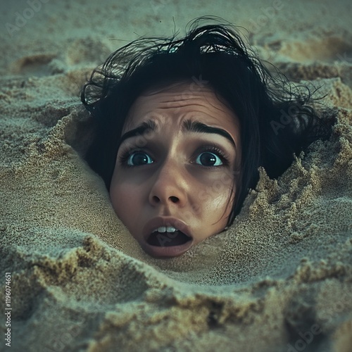 Woman's head buried in sand, terrified expression. photo