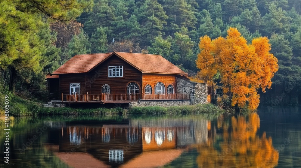Wooden lake house reflecting in calm water during autumn Wooden lake house reflecting in calm water during autumn