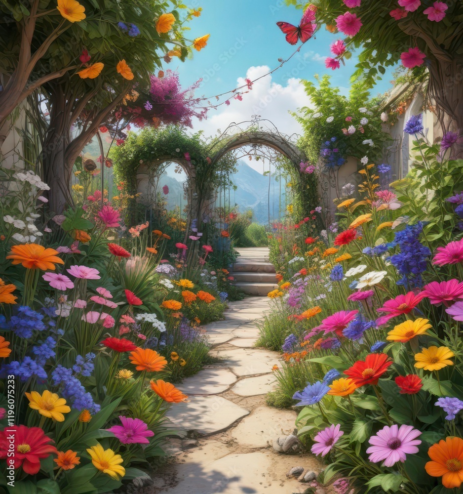 Fototapeta premium Vibrant flowers blooming in a whimsical garden with colorful doodles and vines , flowers, whimsical garden