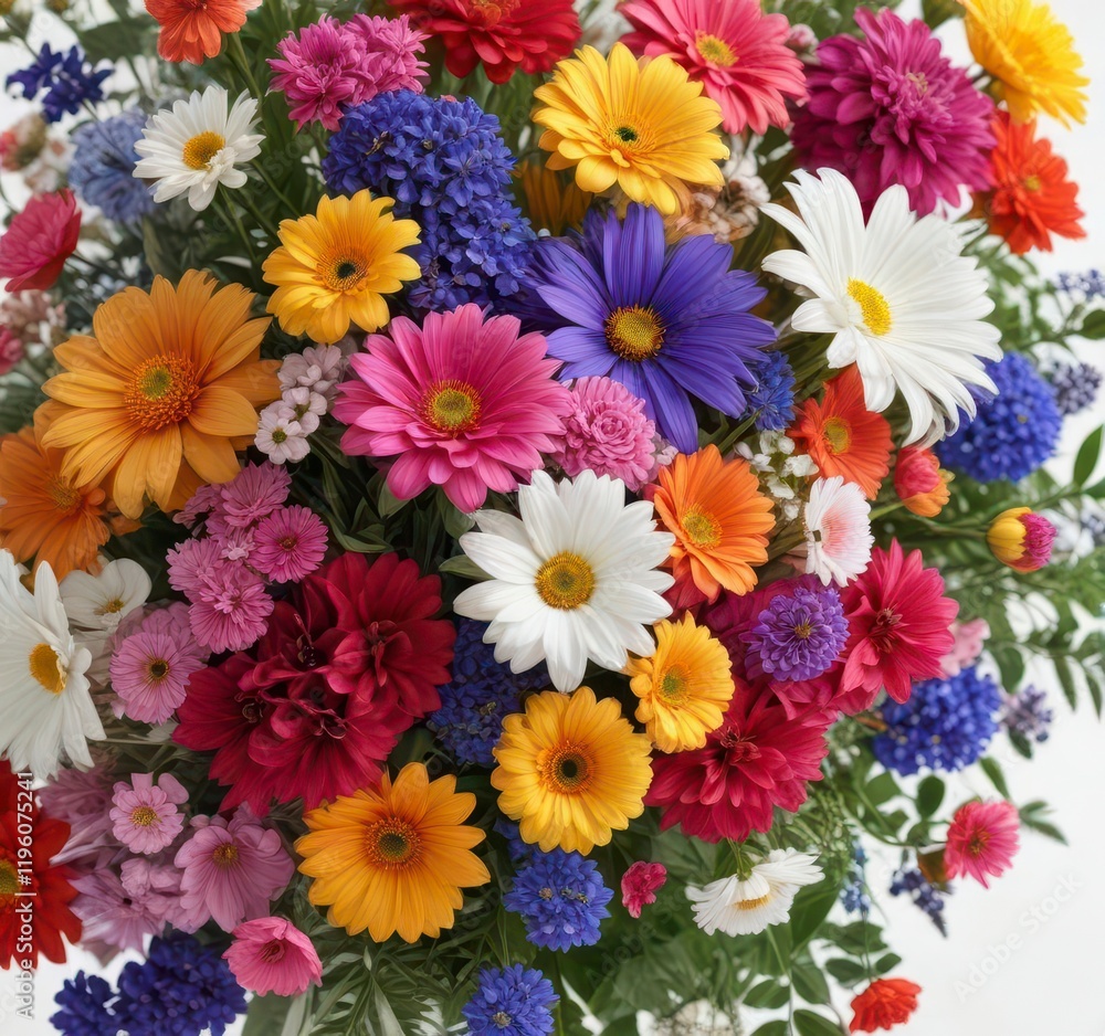 Vibrant floral arrangement on white background with mixed colorful flowers, petals, decor Vibrant floral arrangement on white background with mixed colorful flowers, petals, decor