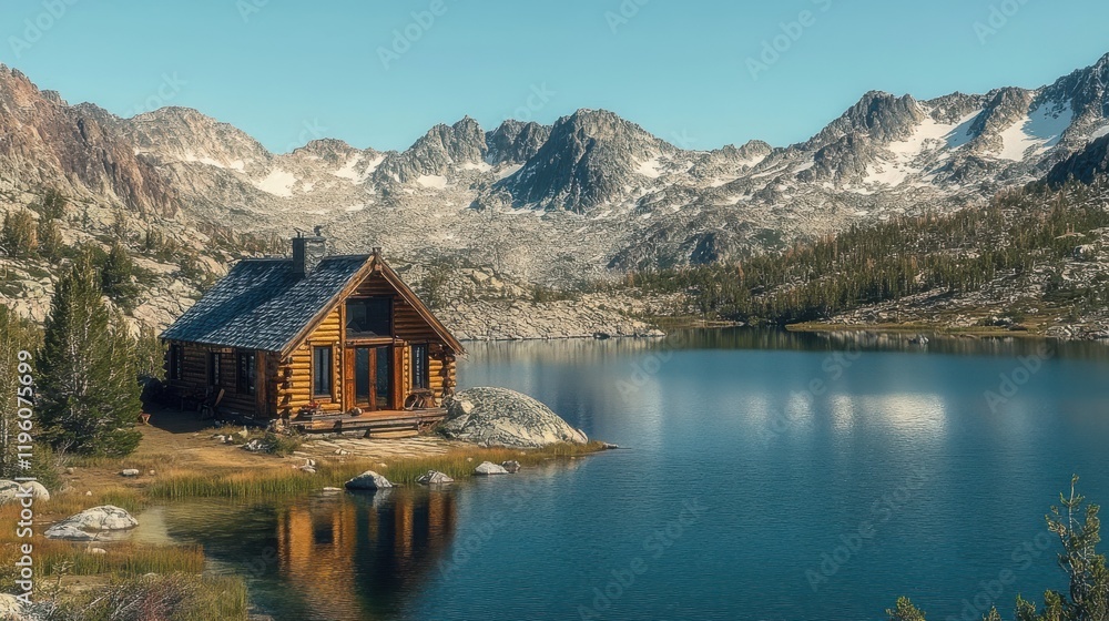 Fototapeta premium Wooden cabin reflecting on a pristine alpine lake with snowy mountains in the background