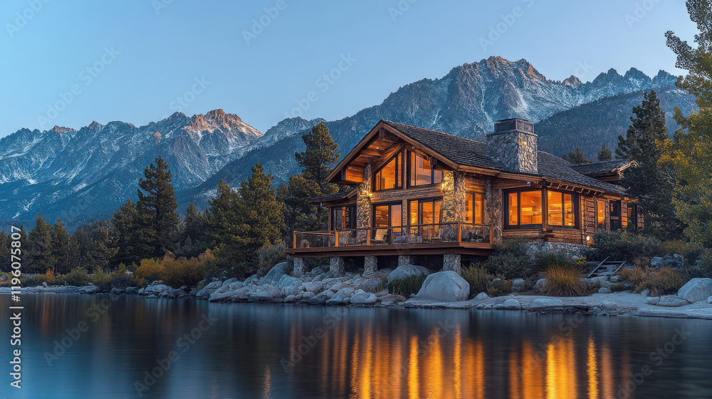 Fototapeta premium Illuminated wooden chalet reflecting on serene lake at twilight with majestic mountain backdrop