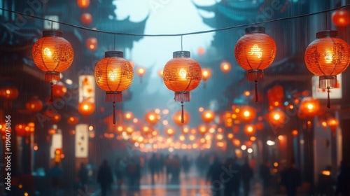 Foggy Chinese street, lanterns hanging, people walking, festival celebration