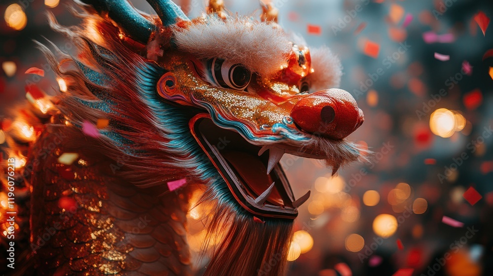 Naklejka premium Dragon dance, festival, parade, confetti, celebration, China, New Year, performance, close-up, vibrant