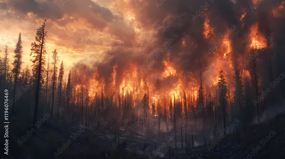 Fototapeta premium The dramatic consequences of wildfires on a once-green forest. Frostflare. Illustration