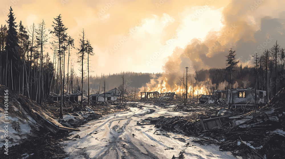 Widespread damage from a forest fire, with multiple homes destroyed and the ground covered in ash and burnt debris, showing the scale of devastation. Frostflare. Illustration Widespread damage from a forest fire, with multiple homes destroyed and the ground covered in ash and burnt debris, showing the scale of devastation. Frostflare. Illustration