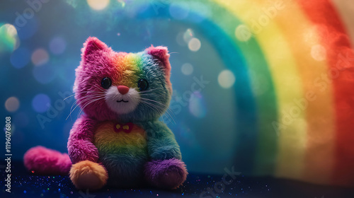 A stuffed rainbow colored cat sitting under a magical rainbow arch