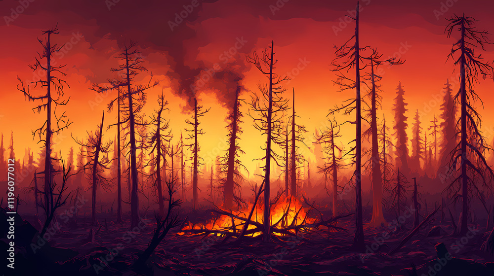 Fototapeta premium Wildfire devastation: charred forest remnants at sunset in intense heat. Frostflare. Illustration
