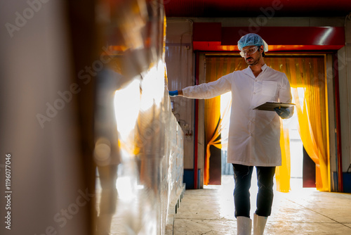 Inspector with clipboard supervising palletized goods in a storage facility Emphasis on quality assurance production processes and warehouse management in a professional environment photo