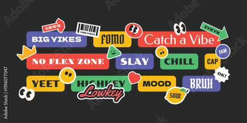 Groovy hipster colorful sticker, tags, labels collection. Y2k style gen z and millenials text. 