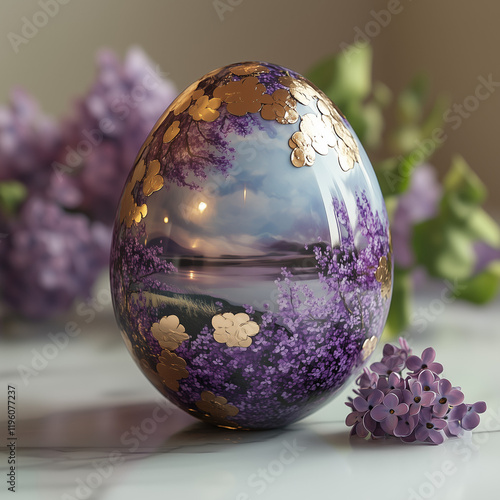 3D rendering, purple and gold Easter egg with a lilac pattern on it, with a landscape painting on a tabletop, purple flowers  photo