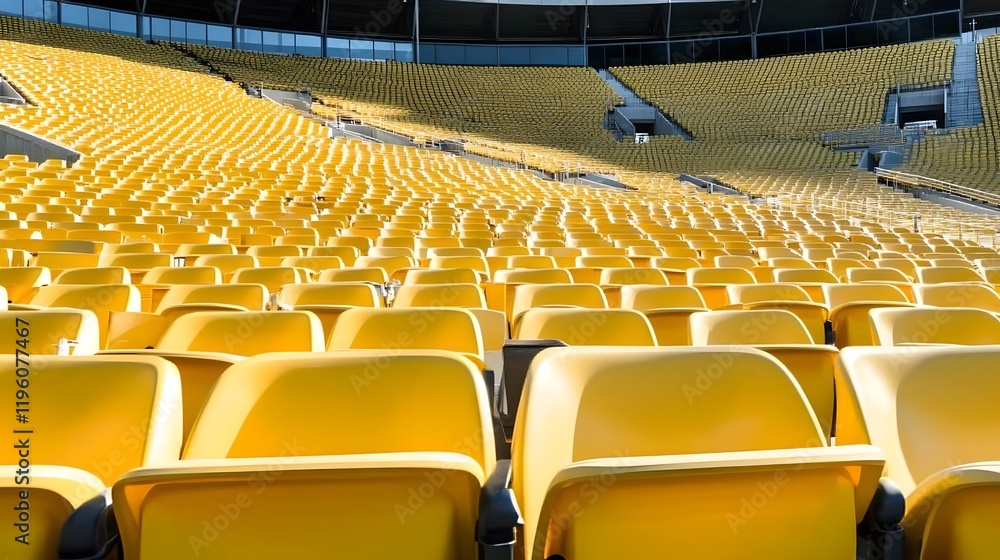 Fototapeta premium Yellow tribunes. seats of tribune on sport stadium. empty outdoor arena. concept of fans. chairs for audience. cultural environment concept. color and symmetry. empty seats. modern stadium