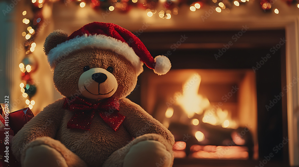 custom made wallpaper toronto digitalA teddy bear with jolly Christmas hat sitting in front of a fireplace decorated with garlands