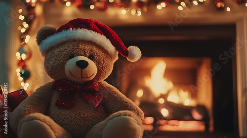 Wallpaper Mural A teddy bear with jolly Christmas hat sitting in front of a fireplace decorated with garlands Torontodigital.ca