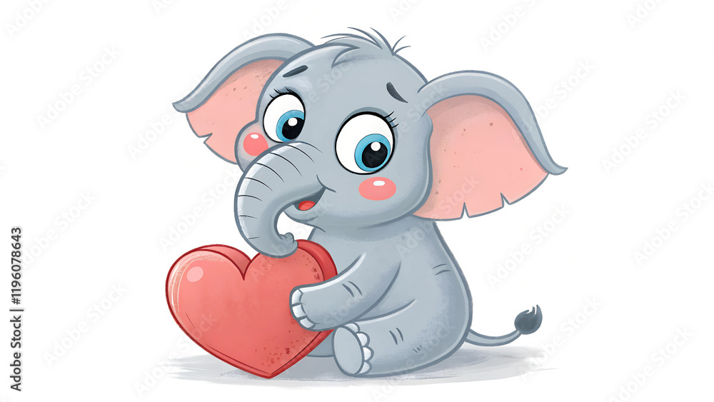 Naklejka premium Cartoon elephant sitting and holding a red heart on a white background. Valentine's Day illustration for children