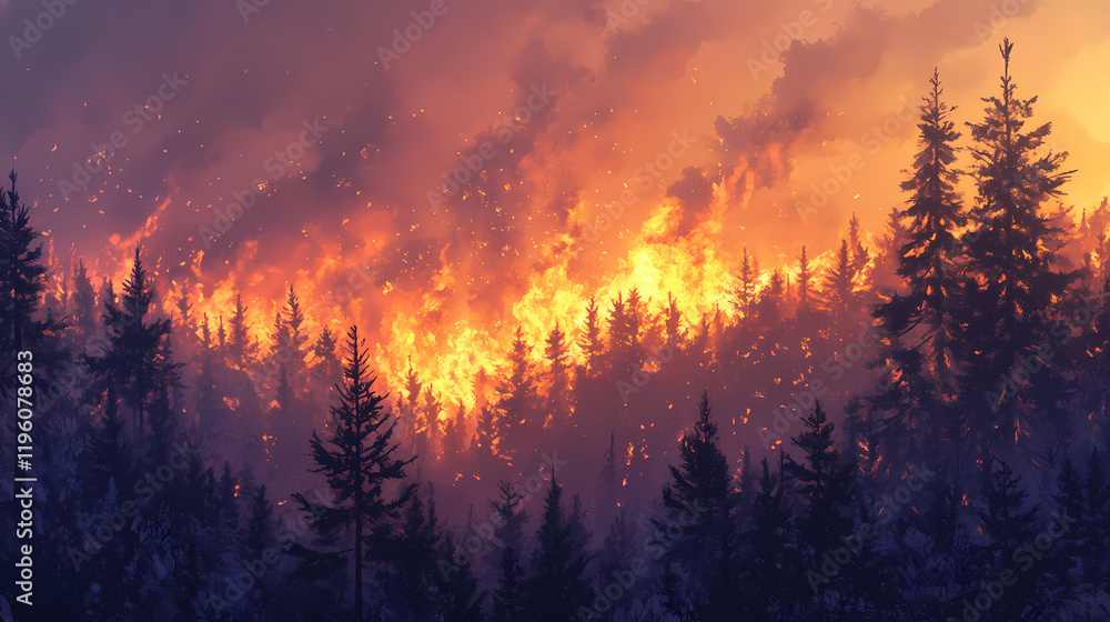 Intense wildfire engulfing a coniferous forest, flames reaching high into the smoky sky. Frostflare. Illustration Intense wildfire engulfing a coniferous forest, flames reaching high into the smoky sky. Frostflare. Illustration