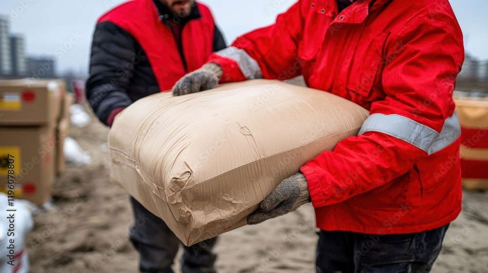 Two workers in red jackets carry a large, wrapped package in a sandy area, emphasizing teamwork in a logistics or humanitarian context.