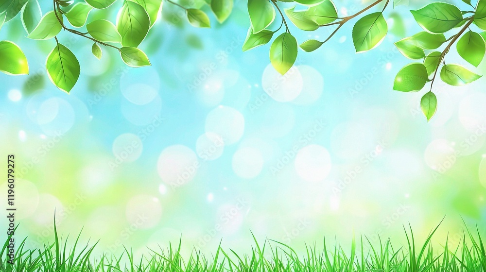 Beautiful Spring Nature Background with Green Leaves and Blurred Light Beautiful Spring Nature Background with Green Leaves and Blurred Light