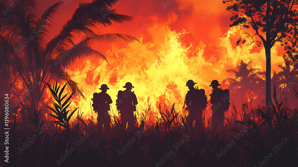 Fototapeta premium Firefighters silhouette against blaze at sunset in dramatic wildfire scene. Frostflare. Illustration