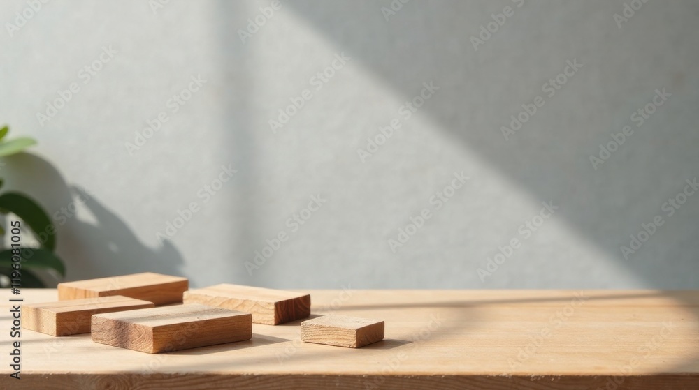 Wooden Blocks Arranged on a Light Wooden Table Against a Neutral Background in Soft Sunlight Wooden Blocks Arranged on a Light Wooden Table Against a Neutral Background in Soft Sunlight