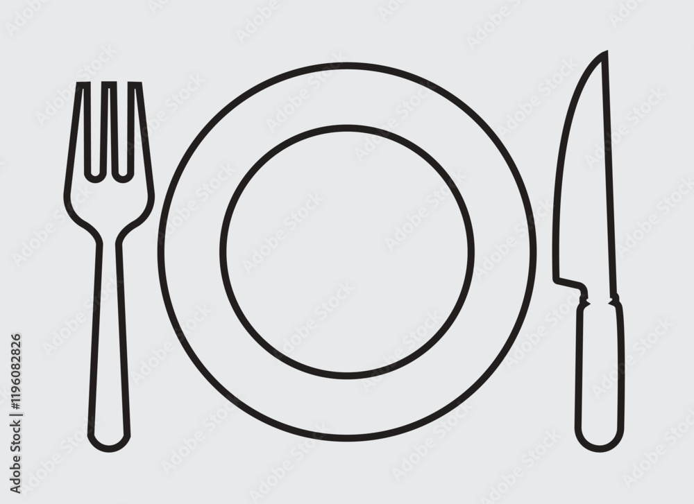 Fork and knife outlined icon logo.Food court sign for menu, marketing, presentation meal set. Cutlery, utensils restaurant symbol. Vector illustration Fork and knife outlined icon logo.Food court sign for menu, marketing, presentation meal set. Cutlery, utensils restaurant symbol. Vector illustration