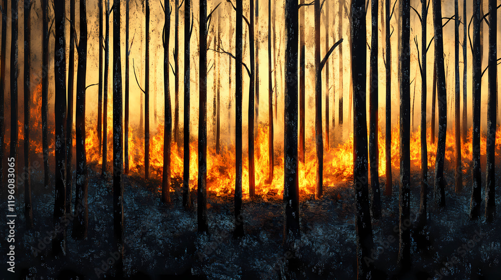 Burnt forest glows: the last embers of a wildfire's aftermath. Frostflare. Illustration Burnt forest glows: the last embers of a wildfire's aftermath. Frostflare. Illustration