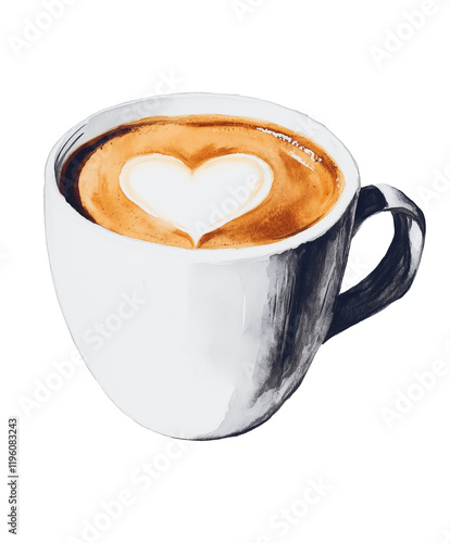 Watercolor illustration of a coffee cup with heart-shaped latte art, isolated on transparent background