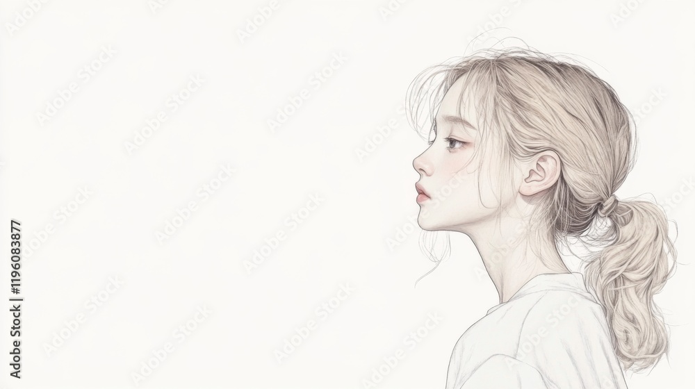 Profile of a young woman with blonde hair in a ponytail, looking to the side, minimalist illustration. Profile of a young woman with blonde hair in a ponytail, looking to the side, minimalist illustration.