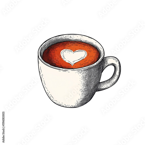 Sketch style illustration of a cup of coffee decorated with a heart-shaped latte art, isolated on a transparent background