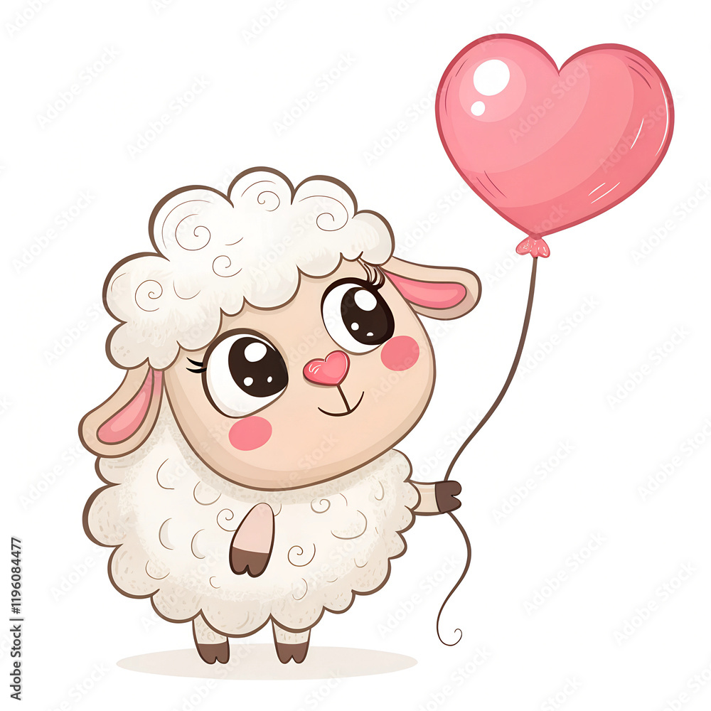 Cartoon lamb holding a pink heart-shaped balloon on a white background. Valentine's Day illustration for children's designs Cartoon lamb holding a pink heart-shaped balloon on a white background. Valentine's Day illustration for children's designs