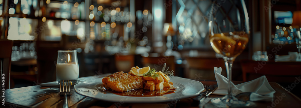 A beautifully plated fish and chips dish garnished with a lemon slice and accompanied by sides sits on a wooden table. A glass of wine and a candle add charm to the elegant restaurant ambiance. A beautifully plated fish and chips dish garnished with a lemon slice and accompanied by sides sits on a wooden table. A glass of wine and a candle add charm to the elegant restaurant ambiance.