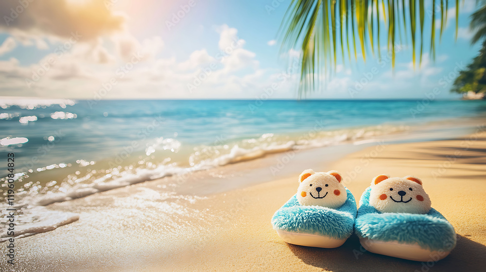 Cute slippers with little animal faces on warm sunny beach tropical water palm tree shade Cute slippers with little animal faces on warm sunny beach tropical water palm tree shade